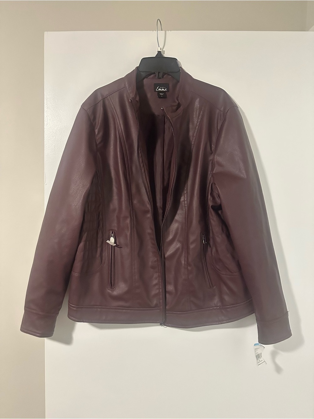 NWT Size 1X Simply Emma Women's Burgundy Faux Leather Zip-Front Jacket
